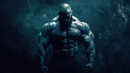 Muscular bodybuilder in cinematic blue chiaroscuro lighting.