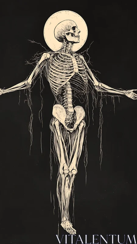 Anatomical cruciform skeleton with radiant halo motif.