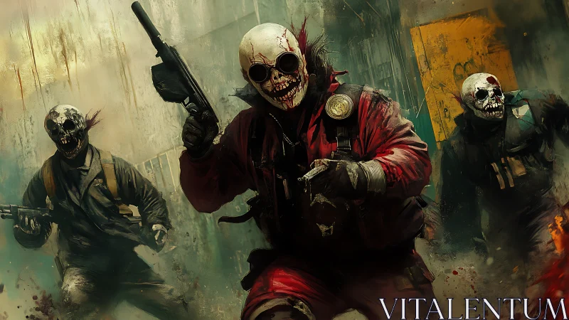 Masked gunmen advancing through ruined urban environment.