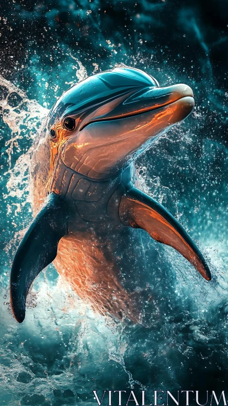Cybernetic dolphin emerging from turbulent illuminated water.