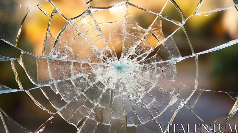 Spiderweb shatter halo over soft sunset blur of color.