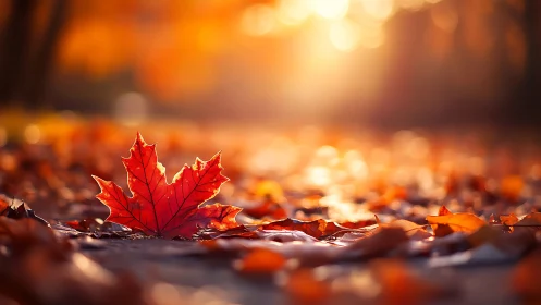 Maple leaf on autumn ground in warm evening light.