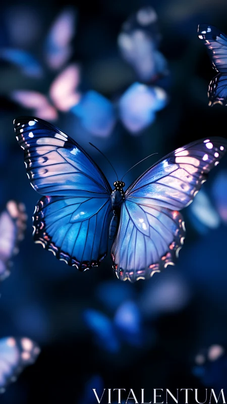 Macro blue butterfly in shallow depth, soft bokeh environment