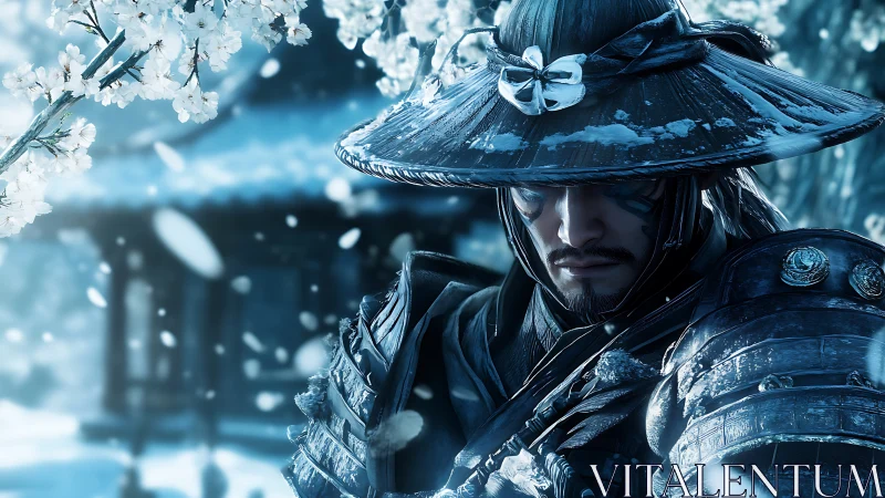 Stoic samurai warrior in snowy blossom garden scene.