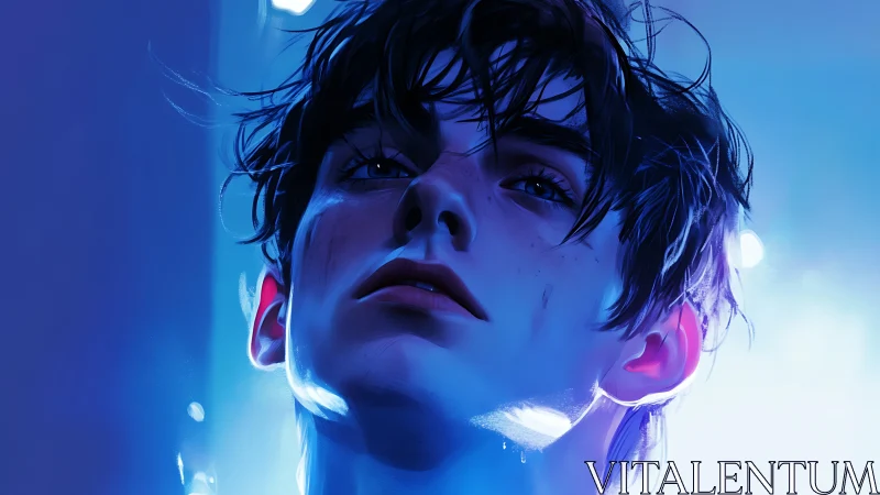 Soft blue glow around a thoughtful, rain-kissed dreamer.