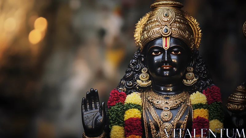 Photorealistic Hindu deity sculpture with ornate gilded adornment.