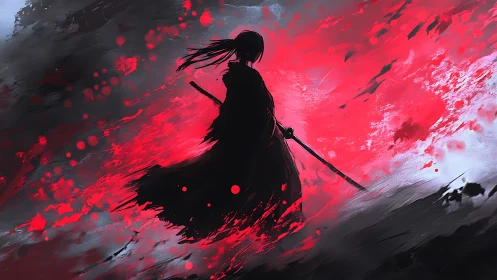 Silhouetted swordsman amid dynamic red abstract backdrop.