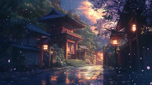 Rain-soaked sakura temple corridor under diffuse sunset illumination.
