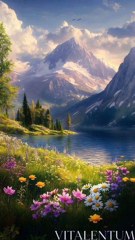 Sunlit alpine lake with wildflower meadow beneath snowy peak.