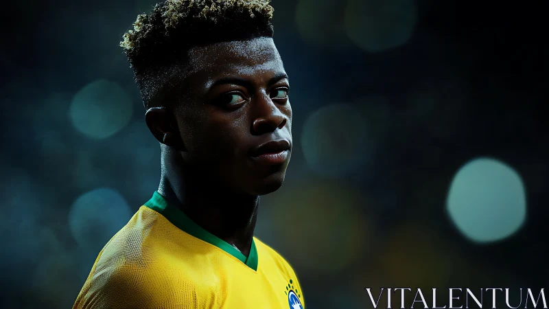 Side-profile portrait of football player in yellow jersey.