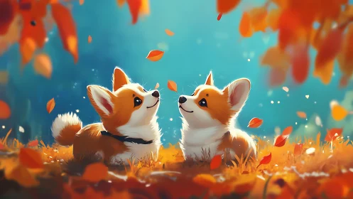 Autumn corgi puppies under diffuse backlight amid falling leaves