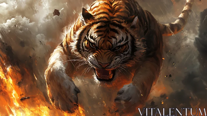 Charging tiger in smoke and fire, dynamic digital painting.
