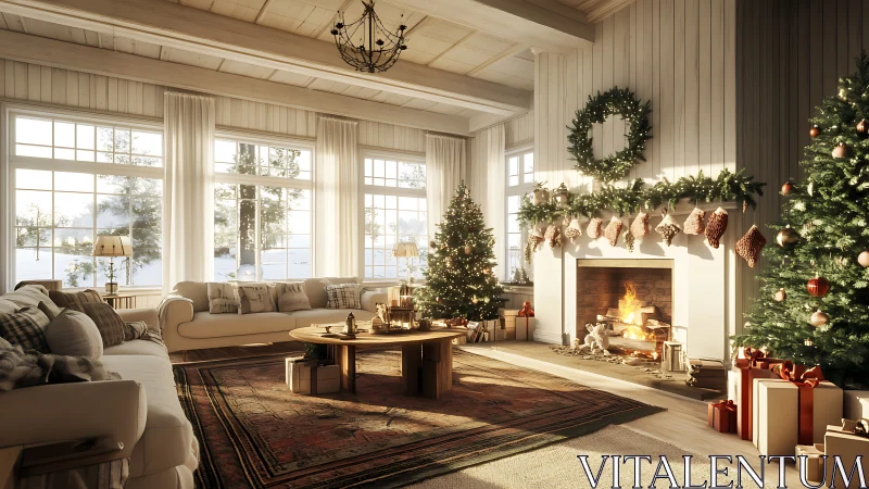 Sunlit living room with Christmas decor and fireplace glow.