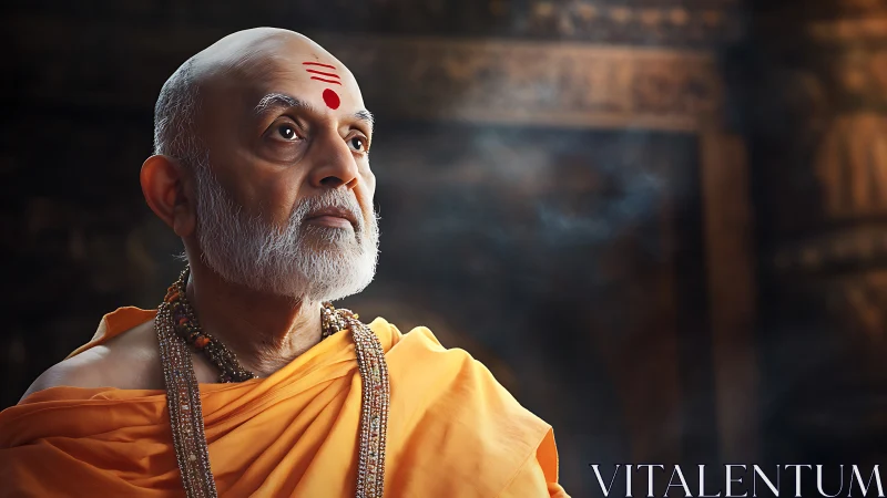 Serene monk gazes through incense light toward quiet eternity