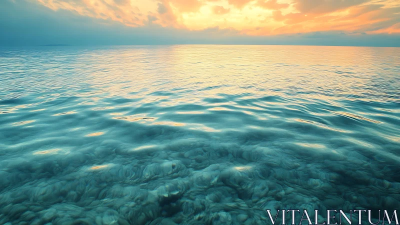 Sunlit turquoise sea ripples mirror soft pastel sunset sky