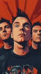 Triptych portrait of stylized male faces on red field.