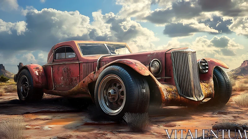 Rust-scarred desert hot rod under dramatic sky.
