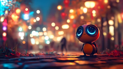 Tiny lantern-eyed bug strolls through a dreamy neon festival