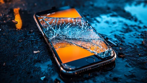 Broken smartphone on wet asphalt with vivid reflections.