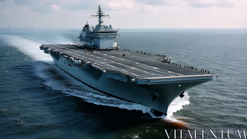 Modern aircraft carrier underway on calm open ocean waters.