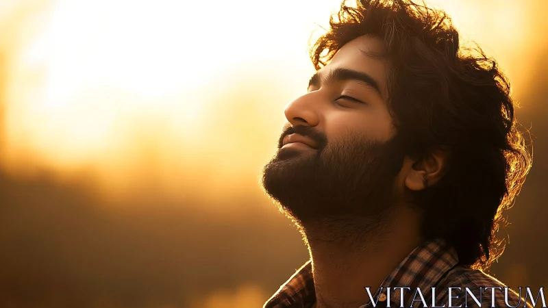 Man quietly savors warm golden sunset in peaceful stillness.