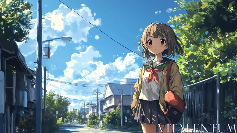 Schoolgirl walks sunlit suburban street under vivid sky