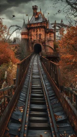 Roller coaster track leading into autumn castle tunnel.