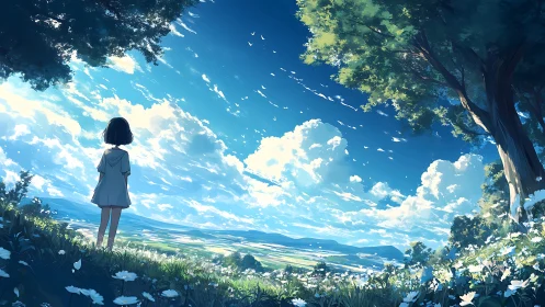 Solitary girl surveys luminous valley beneath expansive sky