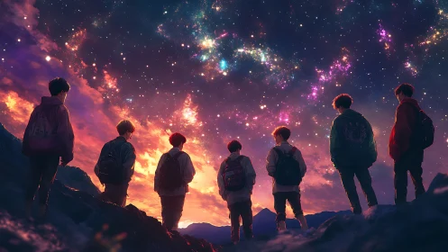 Seven silhouetted hikers observe luminous galactic sky