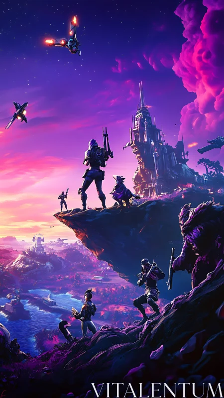 Futuristic warriors overlook neon alien landscape at dusk.