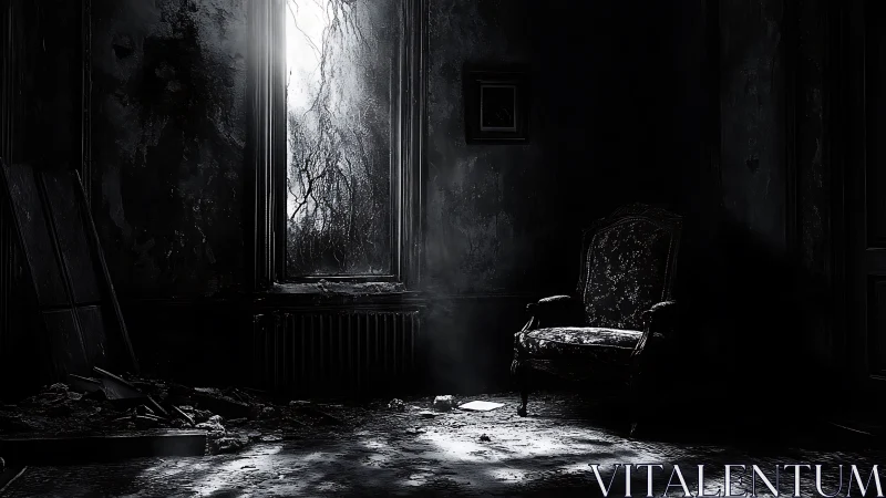 Abandoned decayed room with ornate chair and window.