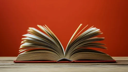 Open book on wooden table with vibrant orange background, minimal style.