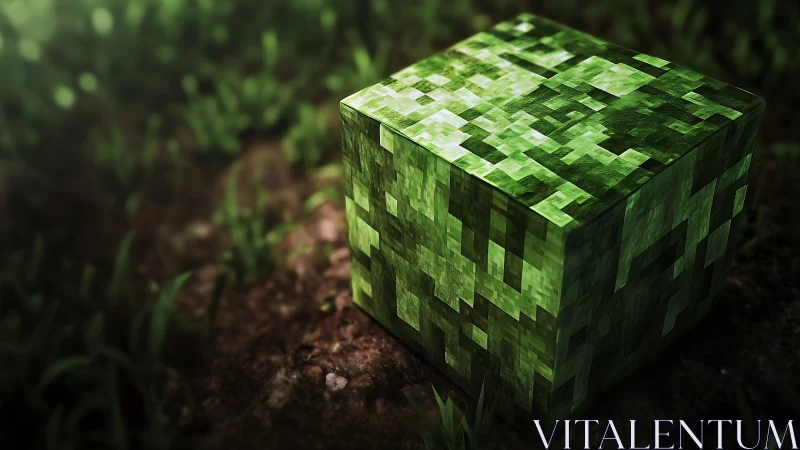 Voxel grass cube on earthy ground with cinematic lighting.