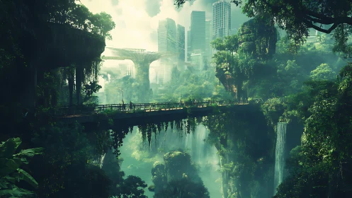 Futuristic city rises beyond lush jungle bridges and mist