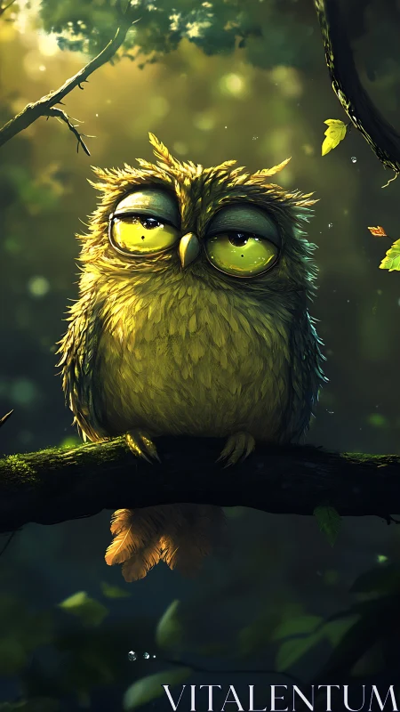 Nocturnal owl with oversized eyes in volumetric forest light.