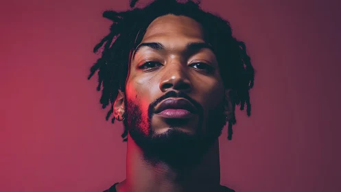 Confident portrait glows with bold red light and calm strength