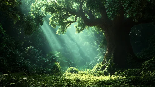 Luminous Forest Cathedral Where Sunlight Choreographs Ancient Trees.