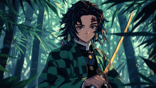 Sword-wielding warrior in stylized bamboo forest lighting.