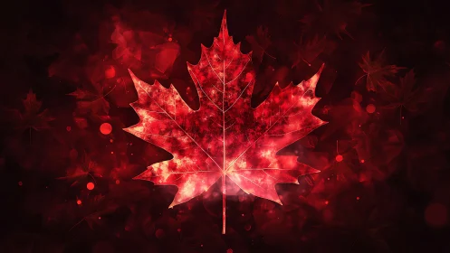 Digital maple leaf emblem with luminous bokeh field.