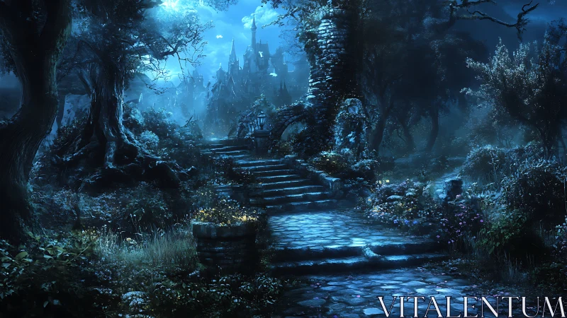 Moonlit stone stairway leading toward distant fantasy castle.