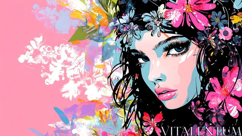 Vibrant vector portrait of floral crowned woman on pink ground