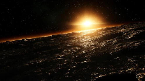 Oblique exoplanet horizon with stellar sunrise scattering glow.