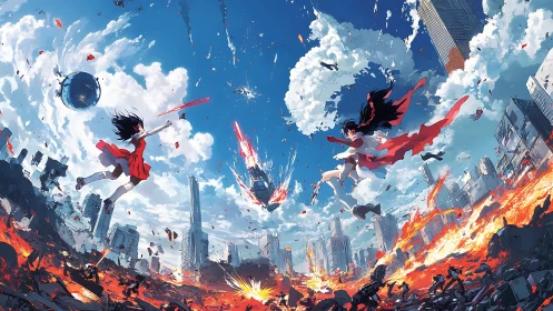 Urban skyline under aerial duel and widespread destruction.