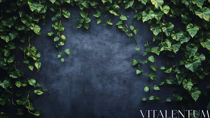 Photorealistic ivy foliage framing dark stone backdrop.