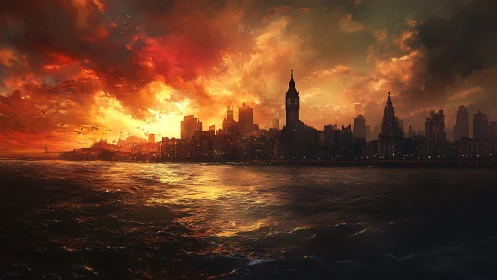 Fiery sunset over dramatic coastal city skyline and sea.