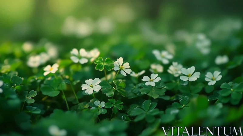 Clover groundcover with white blossoms in soft focus field.