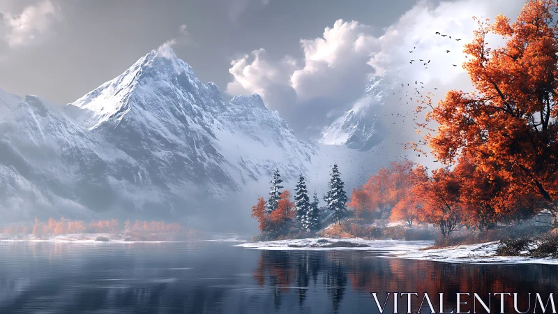 Snow-covered mountain valley with autumn trees by lake.