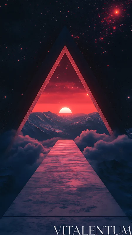 Dreamy cosmic gateway opening onto a glowing crimson sunset.