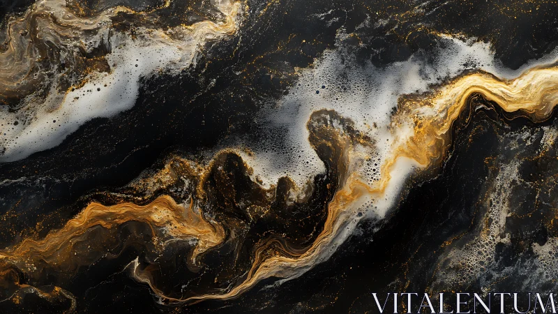 Cosmic gold river swirling through dark marbled void.