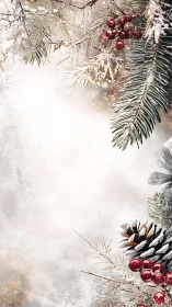 Frosted pine branches frame red berries on winter background.